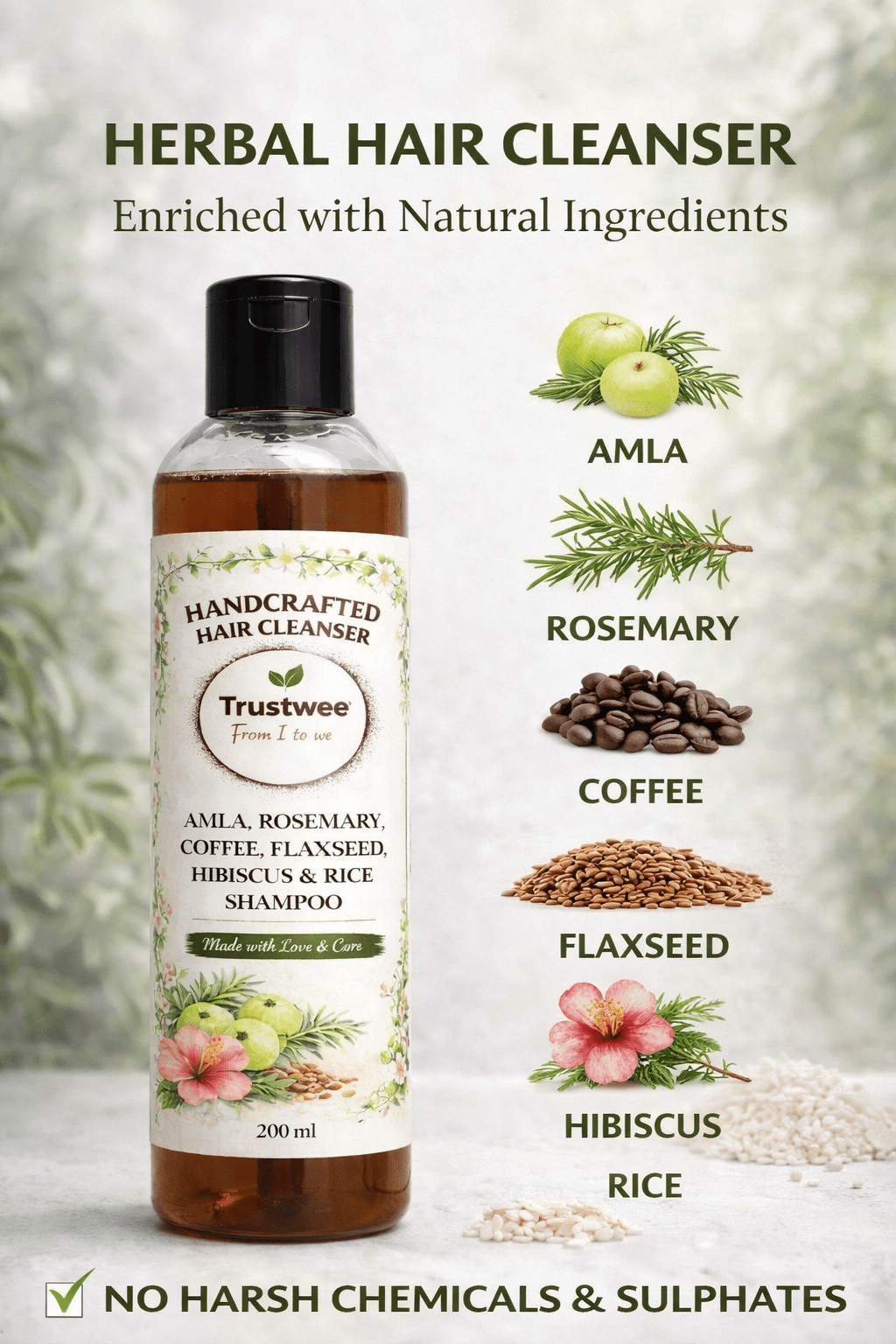 Trustwee Homemade Herbal Shampoo (200ml) – Amla, Coffee, Rice Water, Flaxseed, Rosemary & Hibiscus | Sulphate - Free Natural Hair Cleanser for Hair Fall & Growth - Trustwee